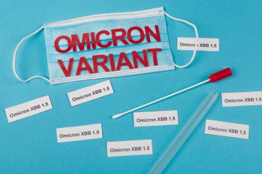 Top view of medical mask with omicron variant lettering near throat swab on blue background 