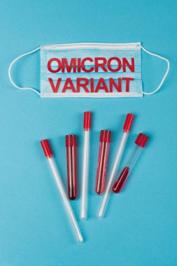 Top view of medical mask with omicron variant near test tubes and cotton swabs on blue background 
