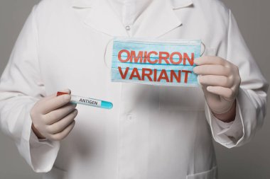 Cropped view of doctor holding medical mask with omicron variant and test tube with antigen lettering isolated on grey 