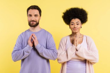 cunning interracial couple smiling at camera and showing please gesture isolated on yellow