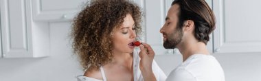 bearded man feeding curly and sexy girlfriend with fresh strawberry, banner 