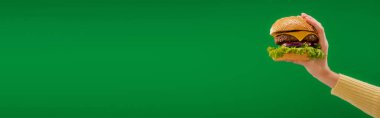 cropped view of woman holding burger with cheese and meet with lettuce isolated on green, banner