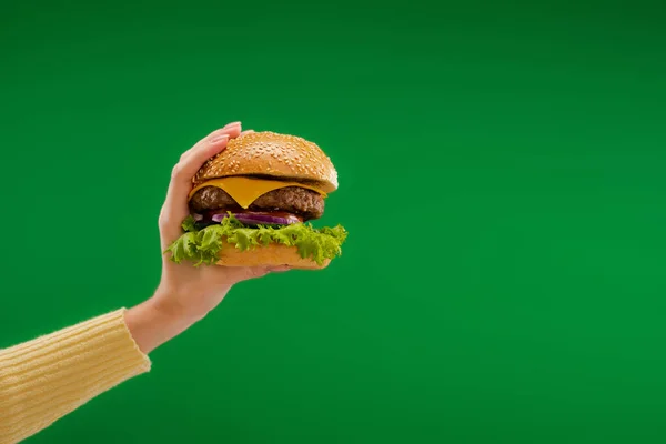 Stock image partial view of woman holding tasty burger with lettuce and cheese with meat isolated on green