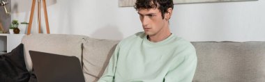 curly young man using laptop while sitting on couch in living room, banner 