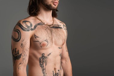 Cropped view of bearded and tattooed man on torso isolated on grey 