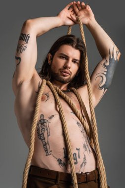 Low angle view of sexy tattooed man posing with rope isolated on grey 