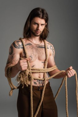 tattooed and shirtless young man holding rope isolated on grey 
