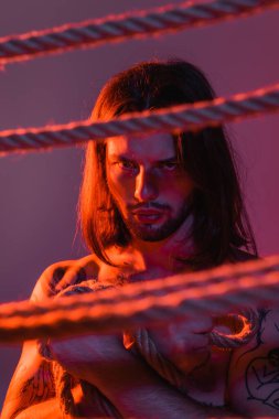 Bearded and long haired man looking at camera near blurred ropes on purple background with light 