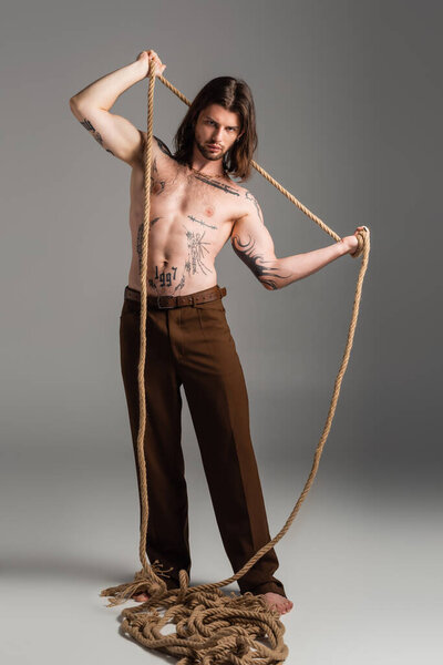 Shirtless and tattooed model in pants holding rope on grey background