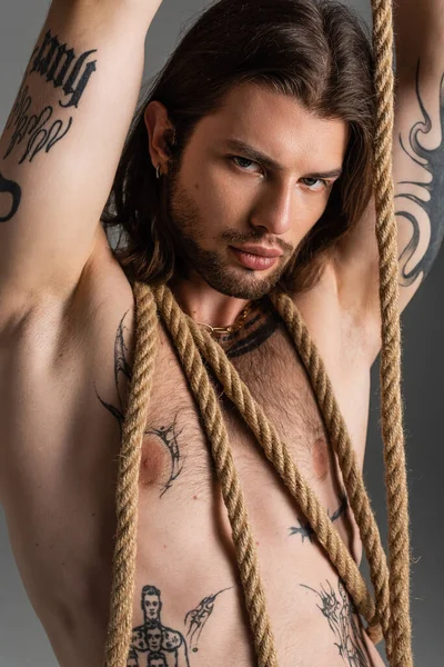 Tattooed man with rope on body looking at camera isolated on grey