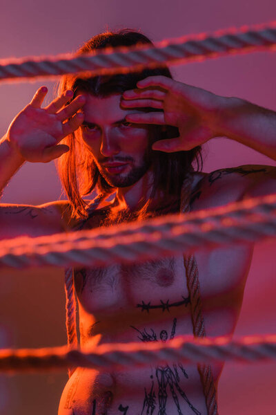 Long haired and tattooed man posing near ropes on purple background with light 