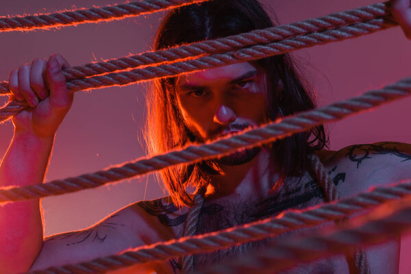Shirtless tattooed model holding ropes on purple background with lighting 
