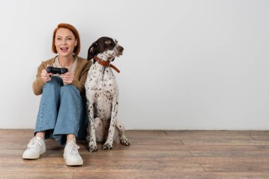 KYIV, UKRAINE - 16 Aralık 2022: Evinde Dalmaçyalı köpeğin yanında video oyunu oynayan neşeli kızıl saçlı kadın 