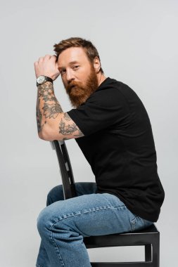 bearded and tattooed man in black t-shirt and jeans sitting on chair while looking at camera isolated on grey