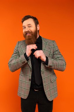 Portrait of smiling bearded man touching tie isolated on red 