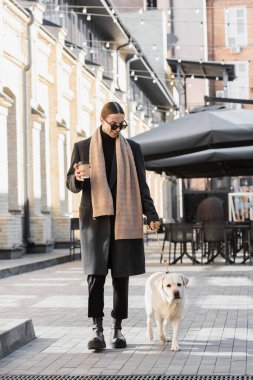 full length of tattooed man in trendy sunglasses smiling and holding coffee to go while walking with labrador  clipart