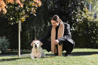 Parkta Labrador 'a sarılırken gülümseyen şık ceketli ve eşarplı dövmeli bir adam. 