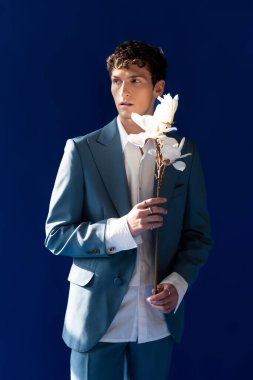 Stylish man in suit and shirt holding magnolia branch isolated on navy blue 
