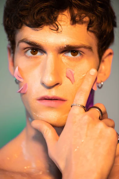 stock image Portrait of brunette man with floral petals posing and looking at camera on colorful background 