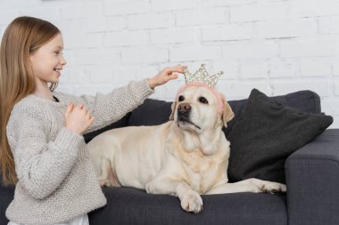 Labrador 'da koltukta uzanan oyuncak tacını ayarlayan mutlu kız. 