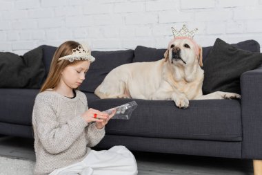 Kanepede Labrador 'un yanında oturmuş makyaj paletine bakan taç giymiş genç bir kız. 