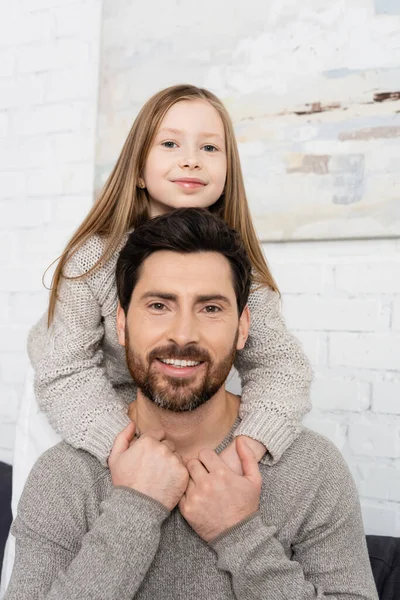 Happy Bearded Man Preteen Daughter Smiling Camera Home —  Fotos de Stock