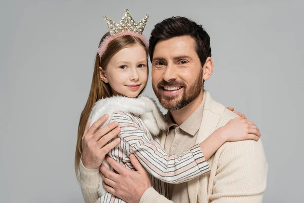 Portrait Happy Father Daughter Crown Smiling While Looking Camera Isolated —  Fotos de Stock