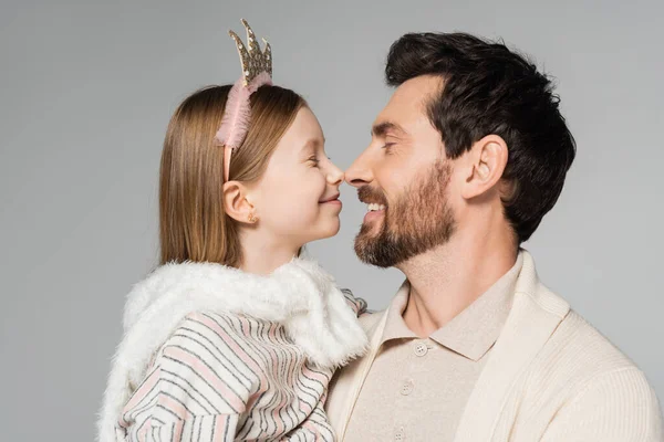 Cheerful Father Happy Daughter Touching Noses Isolated Grey —  Fotos de Stock