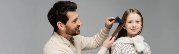 Happy Bearded Father Brushing Hair Smiling Daughter Isolated Grey Banner —  Fotos de Stock