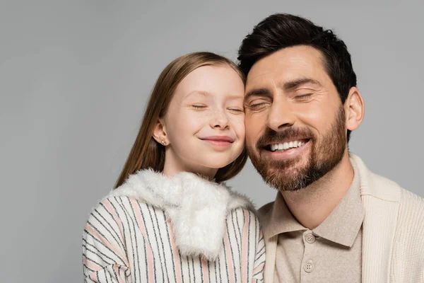 Portrait Cheerful Father Daughter Smiling Closed Eyes Isolated Grey —  Fotos de Stock