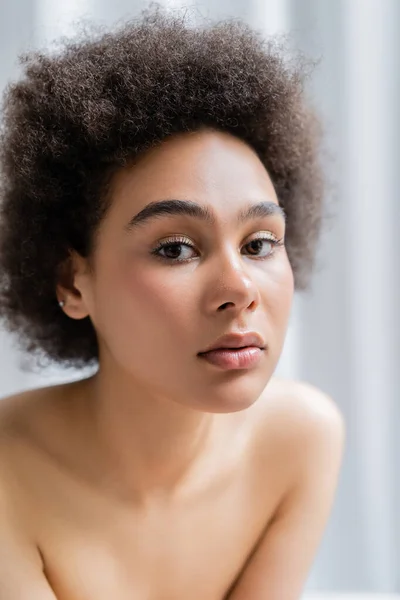 Portrait Young African American Woman Naked Shoulders Looking Camera Grey — Stock Photo, Image