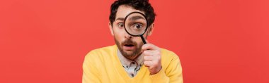 surprised man in yellow long sleeve jumper holding magnifying glass on red coral background, banner  clipart