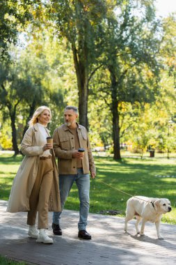 Neşeli orta yaşlı bir çift ellerinde kahveyle parka gidip labrador köpeğiyle geziyorlar. 