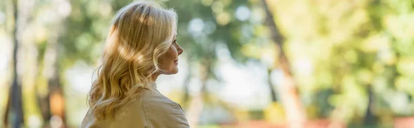 Side View Middle Aged Woman Looking Away Blurred Park Banner — Stock Photo, Image