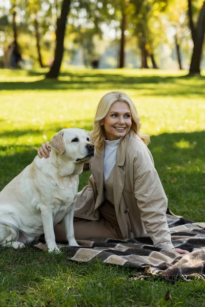 Gelukkig Middelbare Leeftijd Vrouw Met Blond Haar Knuffelen Labrador Hond — Stockfoto