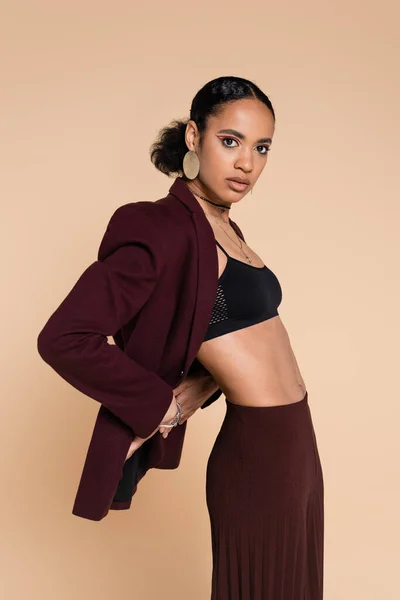 Young African American Woman Crop Top Stylish Maroon Suit Posing — Stock Photo, Image