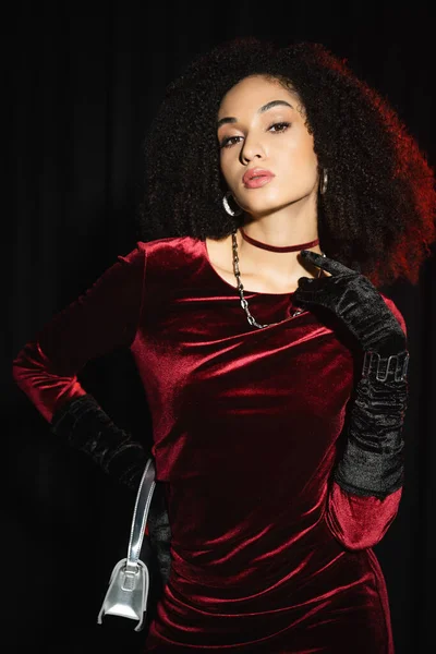 Fashionable African American Woman Burgundy Dress Gloves Posing Isolated Black — Stock Photo, Image