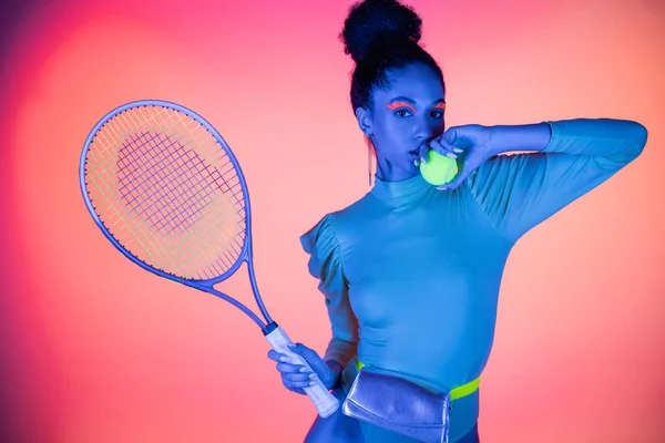 Stylish African American Woman Neon Visage Posing Tennis Racket Ball — Stock Photo, Image