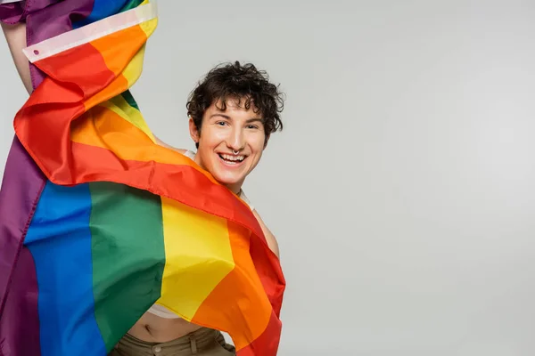 Overjoyed Pangender Model Lgbt Flag Looking Camera Isolated Grey — Stock Photo, Image