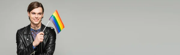 Ung Icke Binär Person Svart Läder Jacka Med Liten Lgbt — Stockfoto