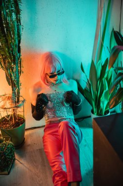 Güneş gözlüklü ve gümüş bluzlu moda travesti evde bitkilerin yanında oturuyor. 