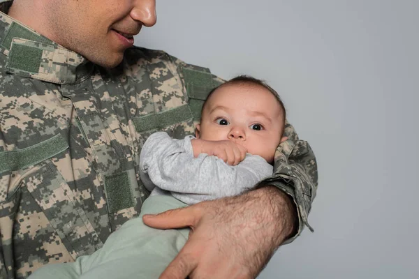 Happy Soldier Uniform Holding Baby Boy Arms Isolated Grey — Stock Photo, Image
