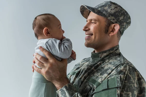 Cheerful Army Soldier Uniform Holding Newborn Son Isolated Grey — Stock Photo, Image
