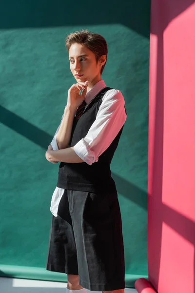 Stylish Young Woman Short Hair Standing School Uniform Pink Green — Stock Photo, Image