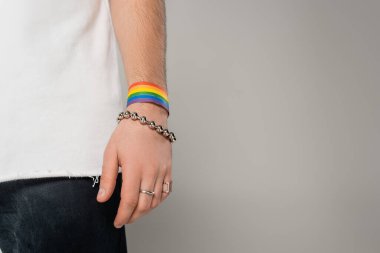 Cropped view of homosexual man with lgbt bracelet on hand standing isolated on grey   clipart