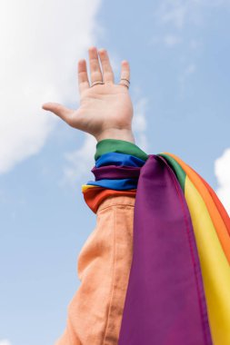 Elinde lgbt bayrağı, arka planında gökyüzü olan homofobiğe karşı uluslararası bir gün. 