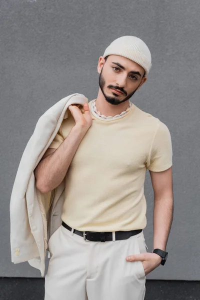 Portrait Trendy Gay Man Hat Holding Jacket Posing Outdoors — Stock Photo, Image