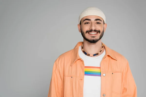 Smiling Stylish Gay Man Lgbt Flag Shirt Looking Camera Isolated — Stok Foto