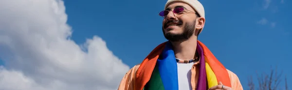 Low Angle View Carefree Gay Man Sunglasses Lgbt Flag Standing — Stock Photo, Image