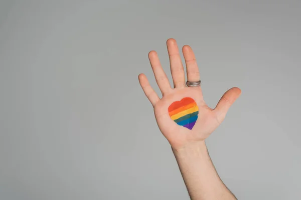 Cropped View Gay Man Lgbt Flag Heart Shape Hand Isolated — Stock Fotó